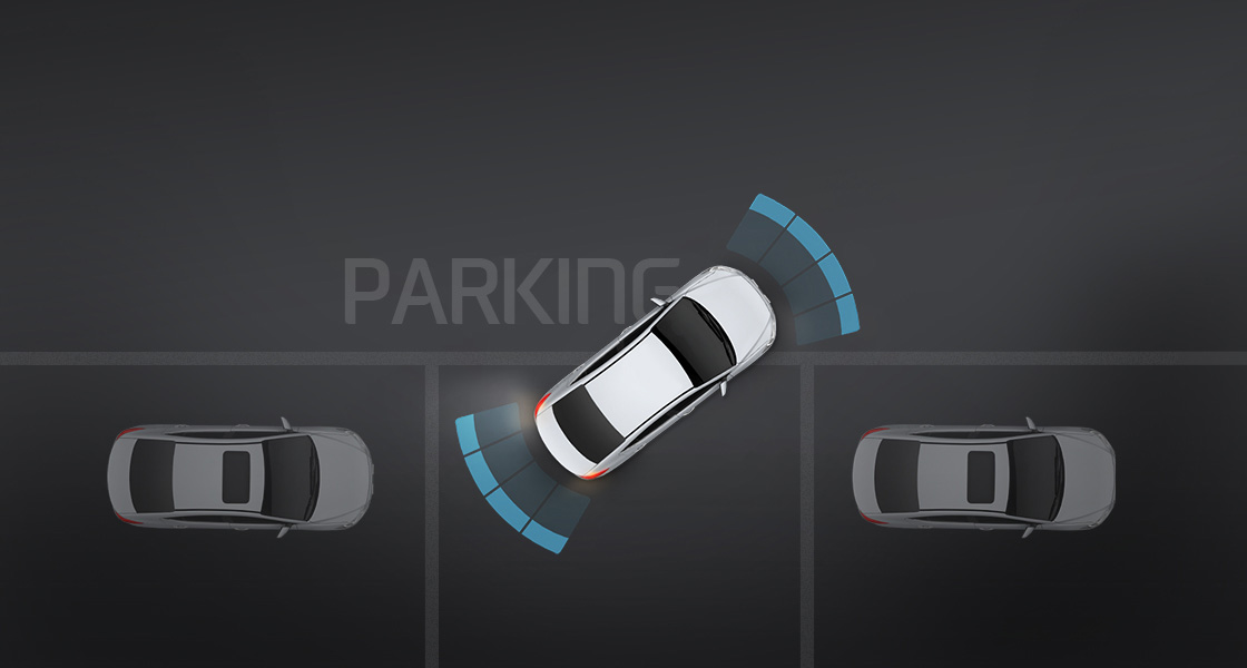 Top view of white Elantra Sport parking with assist system