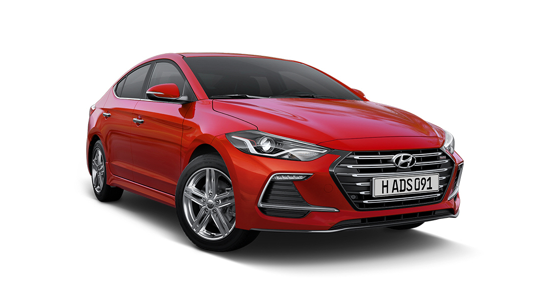 Side front view of red Elantra Sport