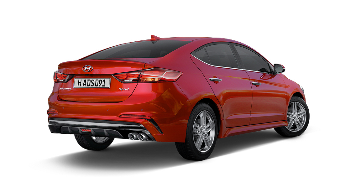 Side rear view of red Elantra Sport