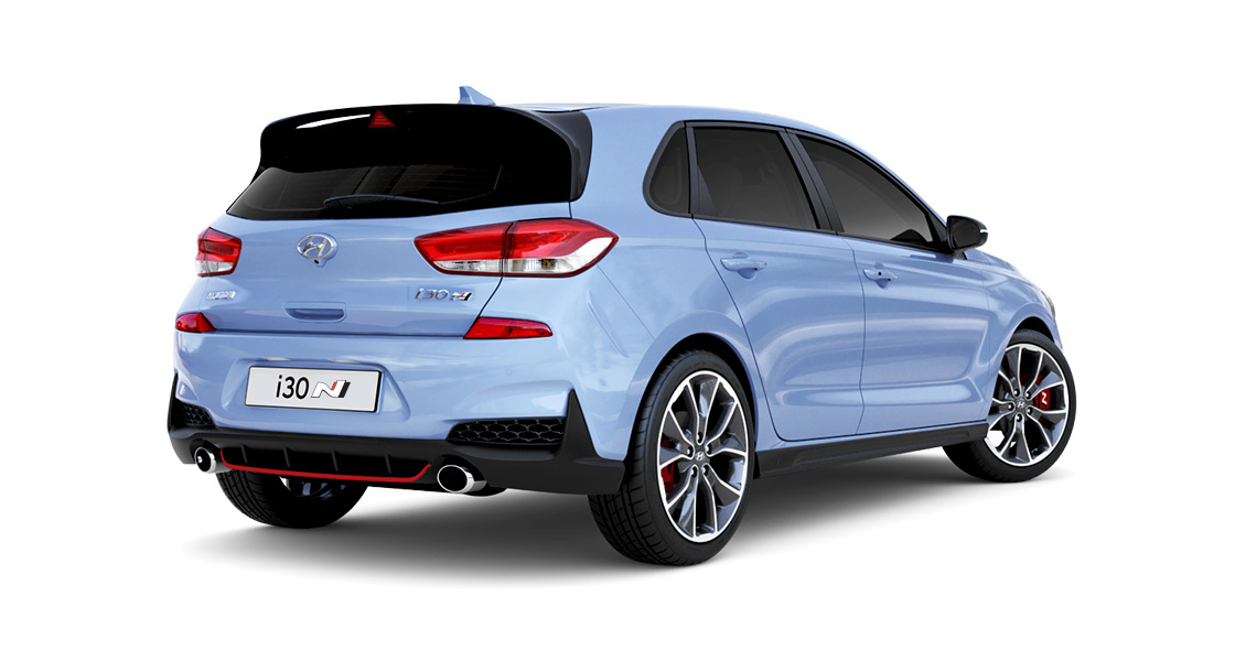 Right side rear view of blue i30n